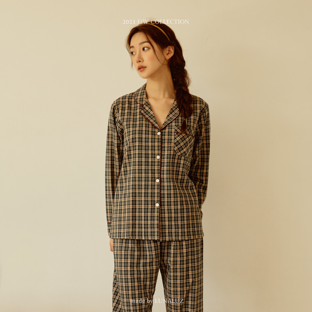 [Olive green color out of stock] Women&#039;s full check yarn-dyed cotton top and bottom (2C long sleeve collar neck) 21-06031