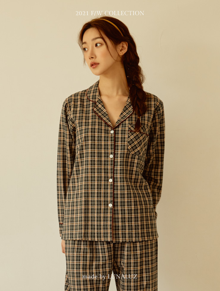[Olive green color out of stock] Women&#039;s full check yarn-dyed cotton top and bottom (2C long sleeve collar neck) 21-06031