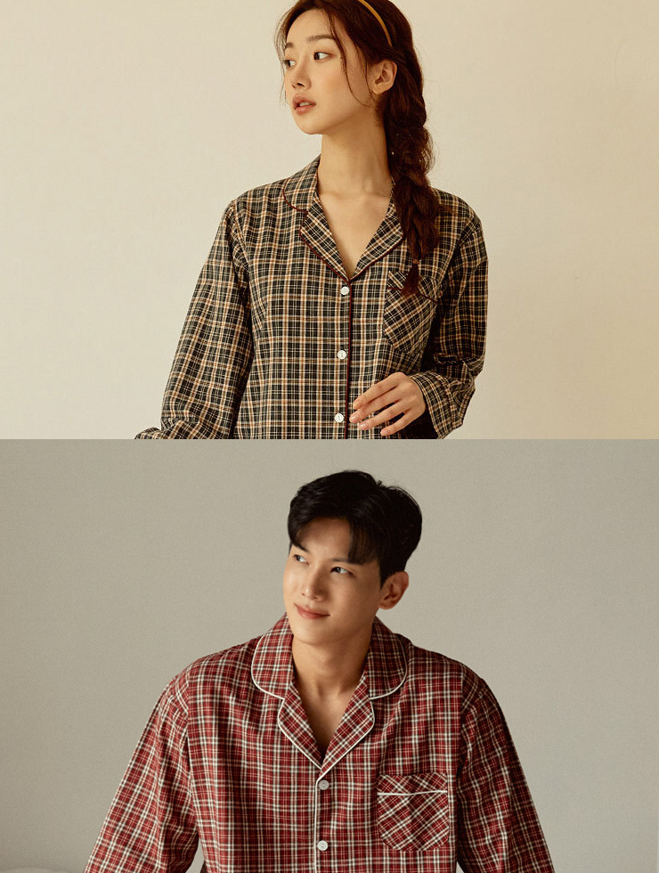 [Female, male - green out of stock]Couple Full Check Line Cotton Top and Bottom (2C Long-Sleeved Collar Neck) 21-06051