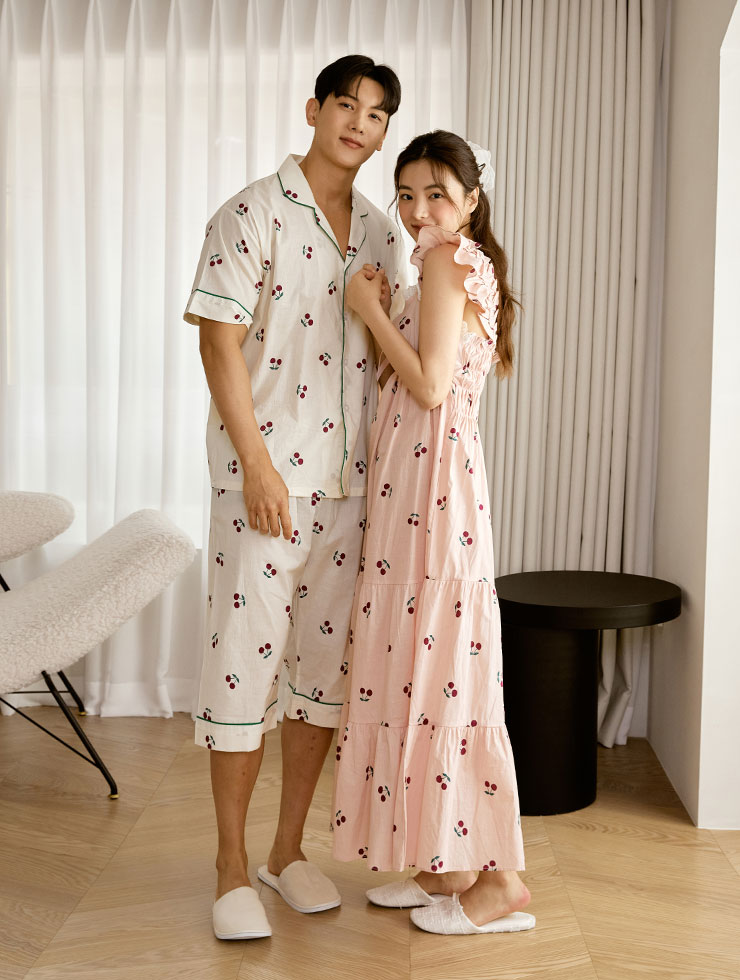 [Women-Pink Out of Stock] Couple Cherry Cotton Long Dress (2C Sleeveless V-Neck) 22-01951