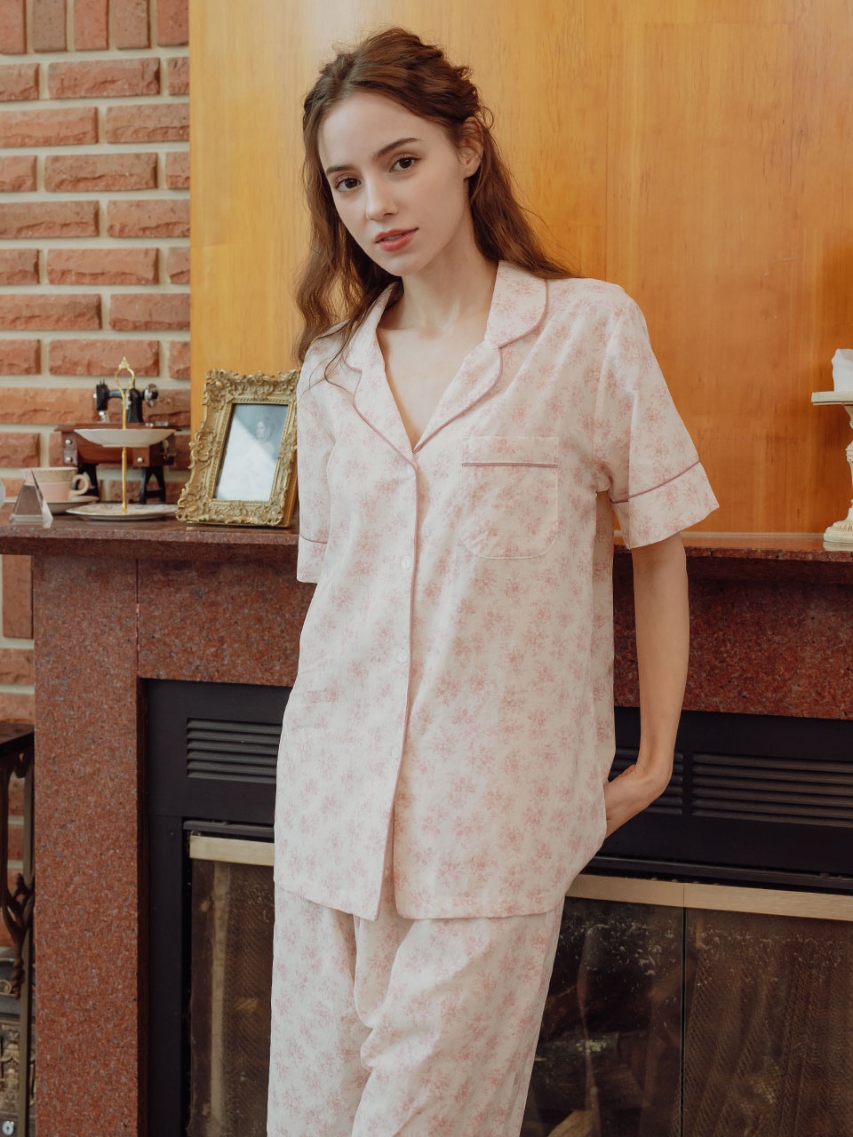 Women&#039;s Rose Flower Cotton Short-Sleeved Collar Pajamas (2C) 23-00636